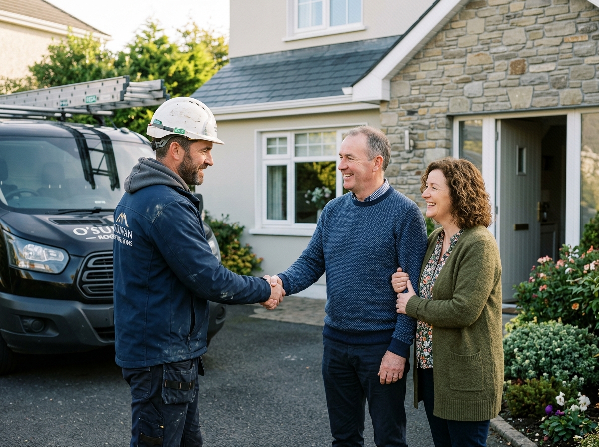 Roofer contractor shaking hands with Irish homeowner